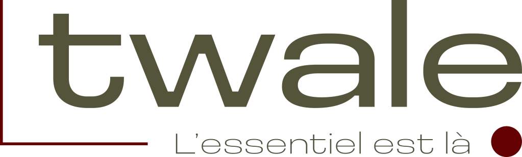 Logo du site twale. Logo horizontale composé d'un cadre qui englobe le T comme pour une peinture. Et du slogan, "l'essentiel est là". Et enfin d'un point bordeaux qui rappelle la touche de couleur et de peinture. Dans les tons kaki et bordeaux couleur de la marque, expertise et local