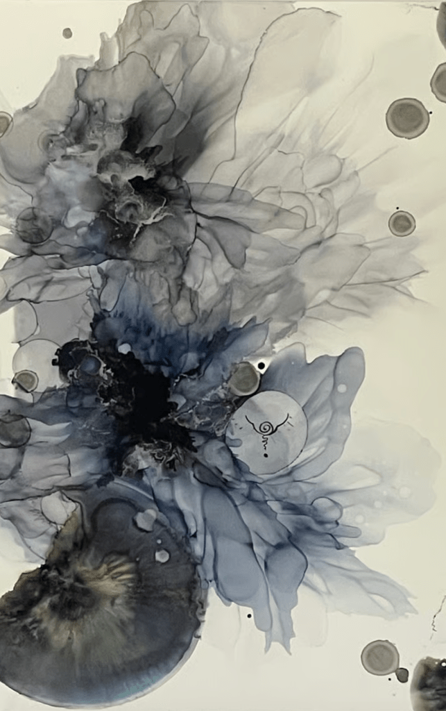 Peinture de Anne Lamarche, artiste locale de Twale. Faite à l'encre de chine dans les ton bleu profond